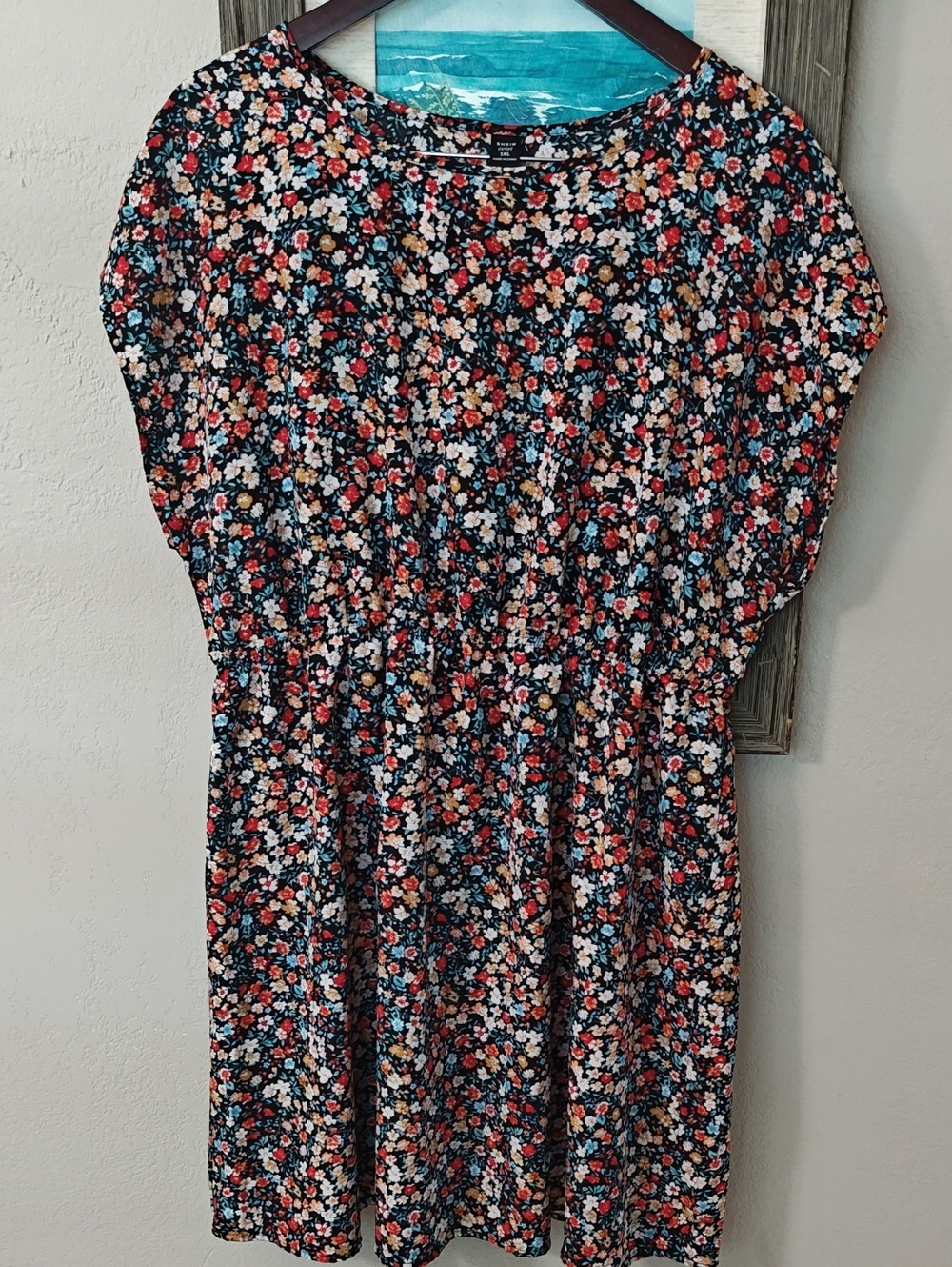 SHEIN Black Floral Casual Dress with Multi-Colored Blooms 1X